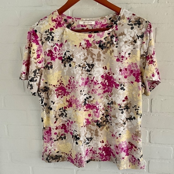 Vintage Y2K Tee Slinky Textured Abstract Pink Magenta/Butter yellow Stretch XL - Picture 1 of 6